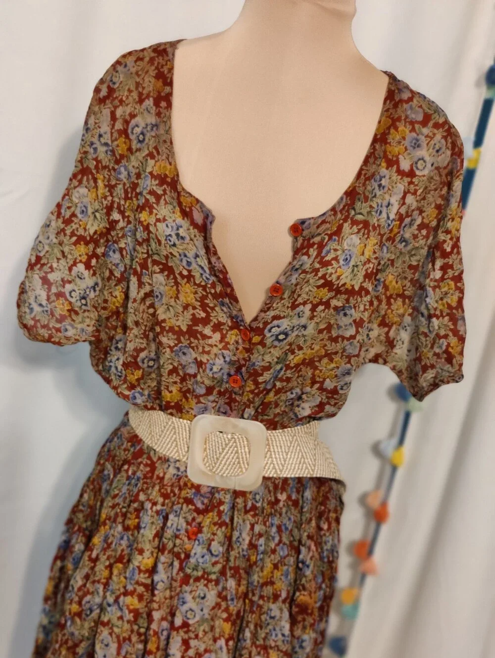 Vintage India Gauze Floral Paperthin Colorblock Maxi Dress Layering Piece LG_2